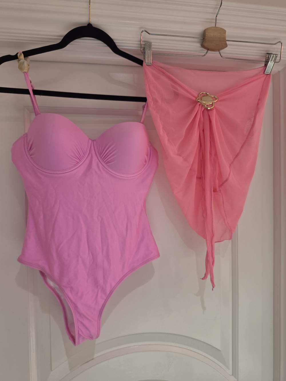 SHEIN Pink Strapless Bustier Bodysuit with Sheer Pink Sarong